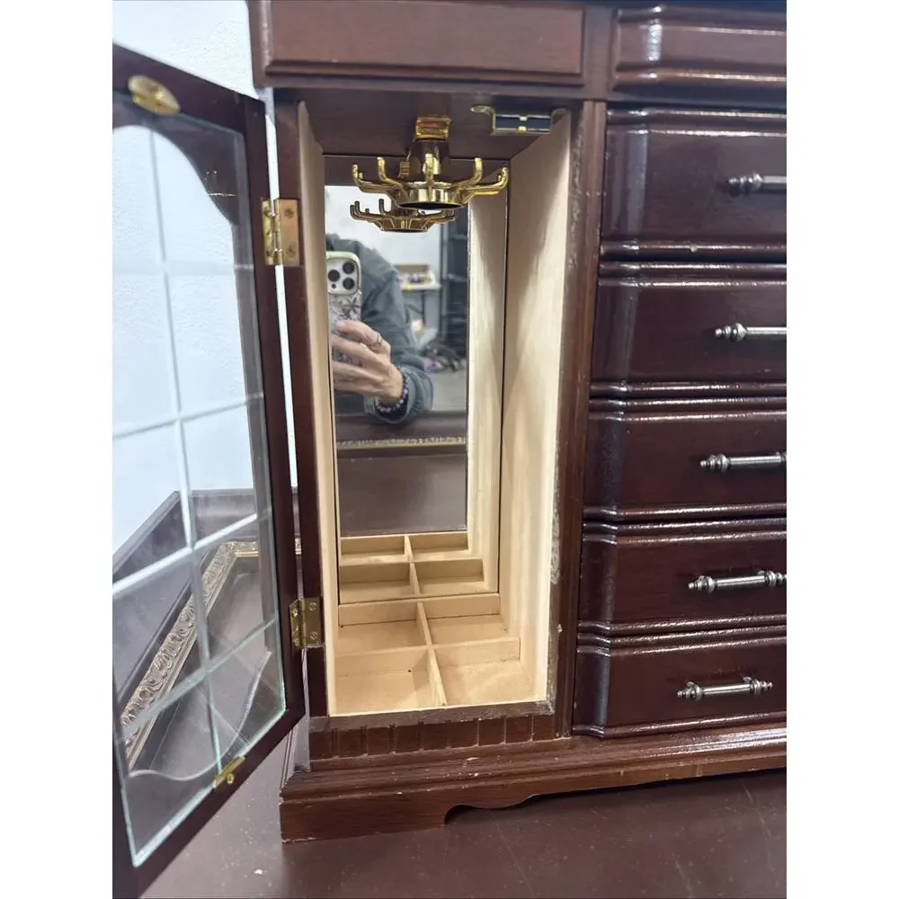 Vintage Dark Wooden Jewelry Box Armoire 2 Doors With Mirrors & 5 Drawers